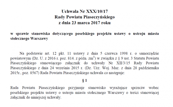 Stanowisko Rady Powiatu w sprawie projektu ustawy o ustroju miasta stołecznego Warszawy stanowisko Rady Powiatu