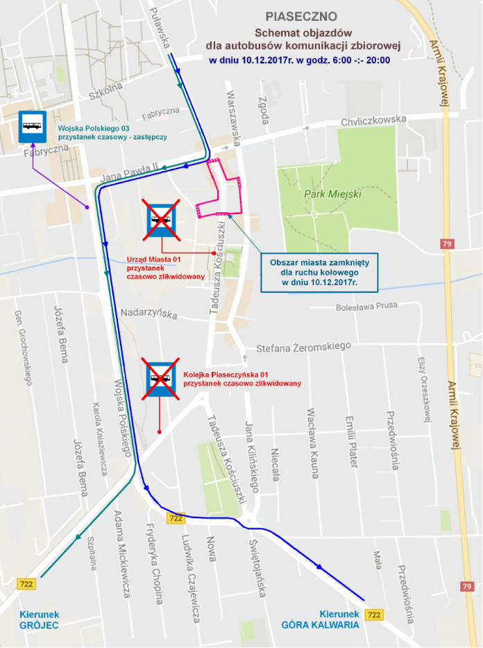 Zamknięcie ul. Kościuszki w niedzielę 10.12.2017 Schemat objazdów dla autobusów komunikacji zbiorowej 10.12.2017