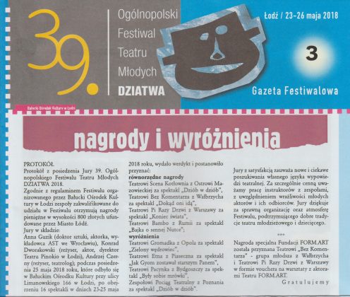 Wyróżnienie teatru ETNA z Piaseczna na Festiwalu DZIATWA