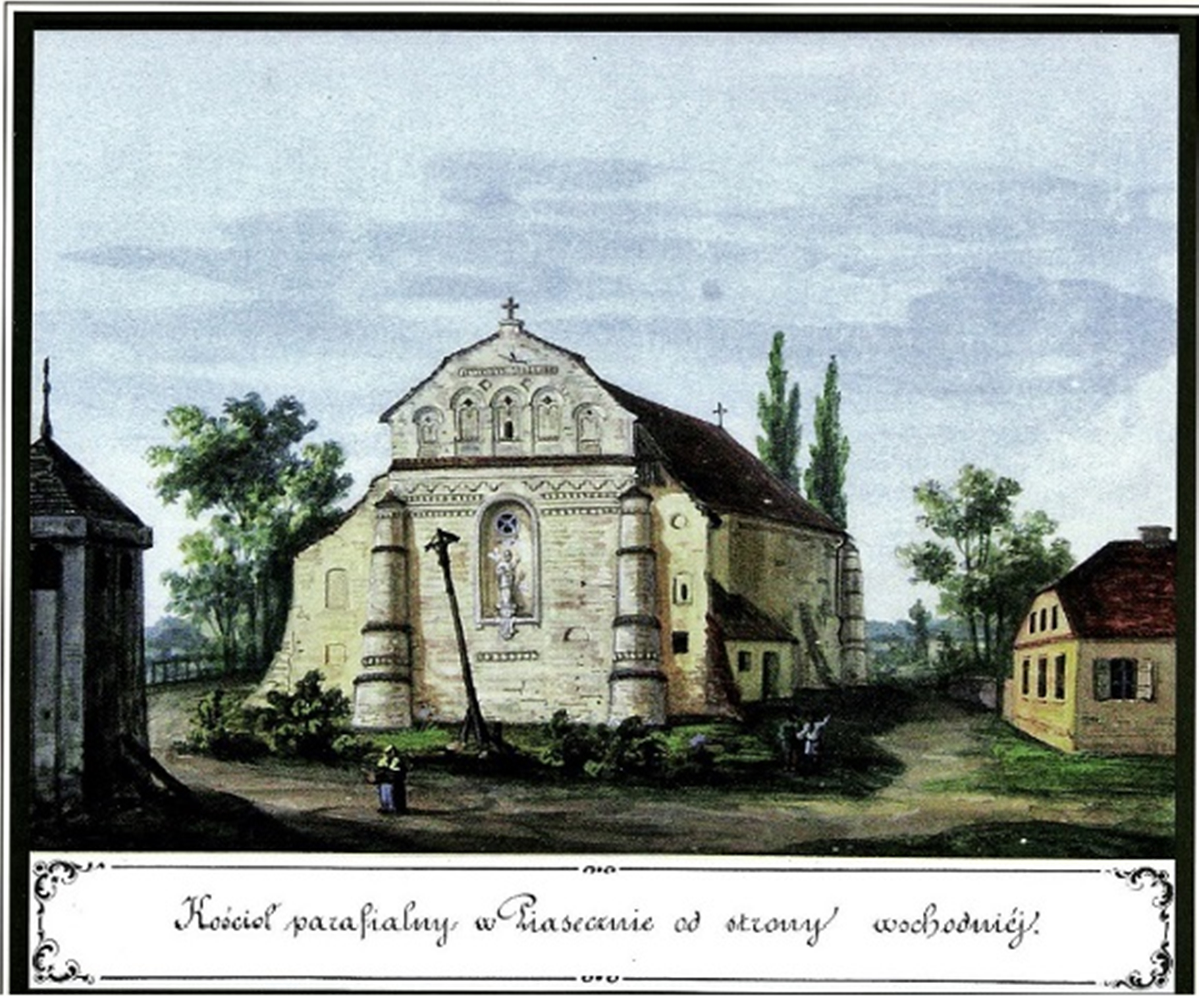 Kościół parafialny i plebania w Piasecznie od strony wschodniej. Rysunek Kazimierza Stronczyńskiego z 1844/1846 roku