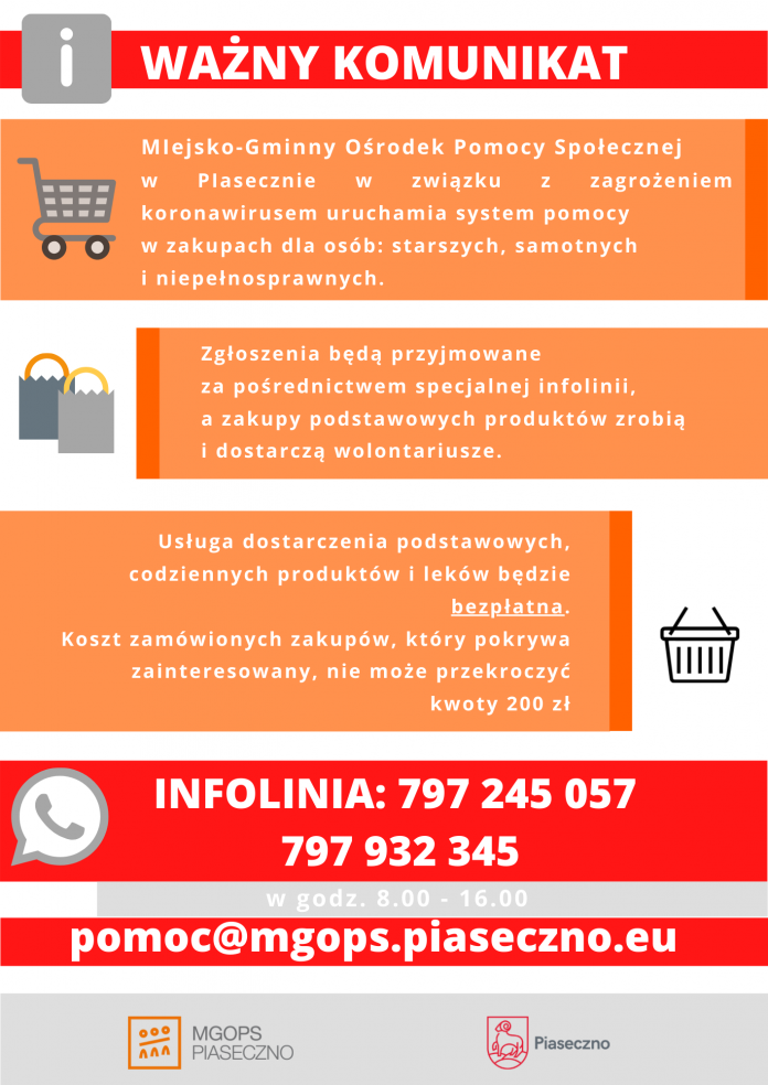 Zakupy dla seniorów oraz wsparcie psychologiczne - infolinia MGOPS Piaseczno