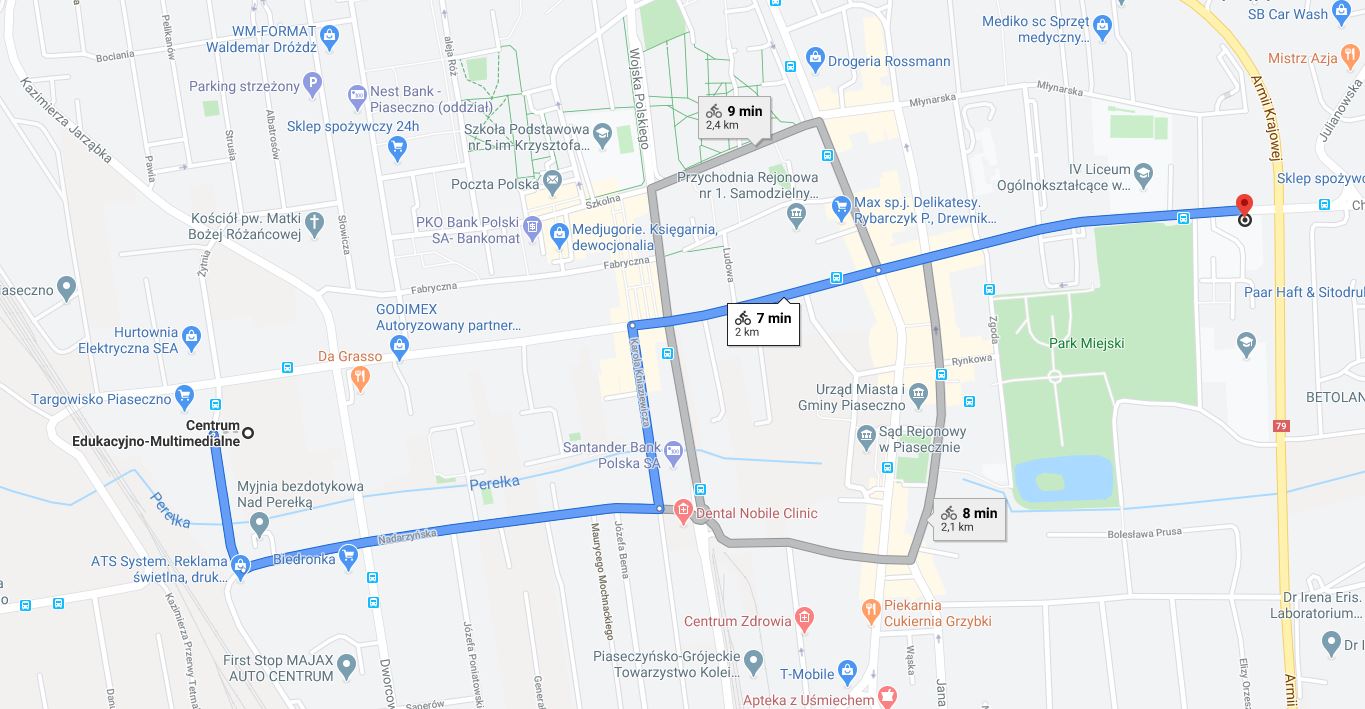 Przykładowy czas przejazdu rowerem wskazany na Google maps