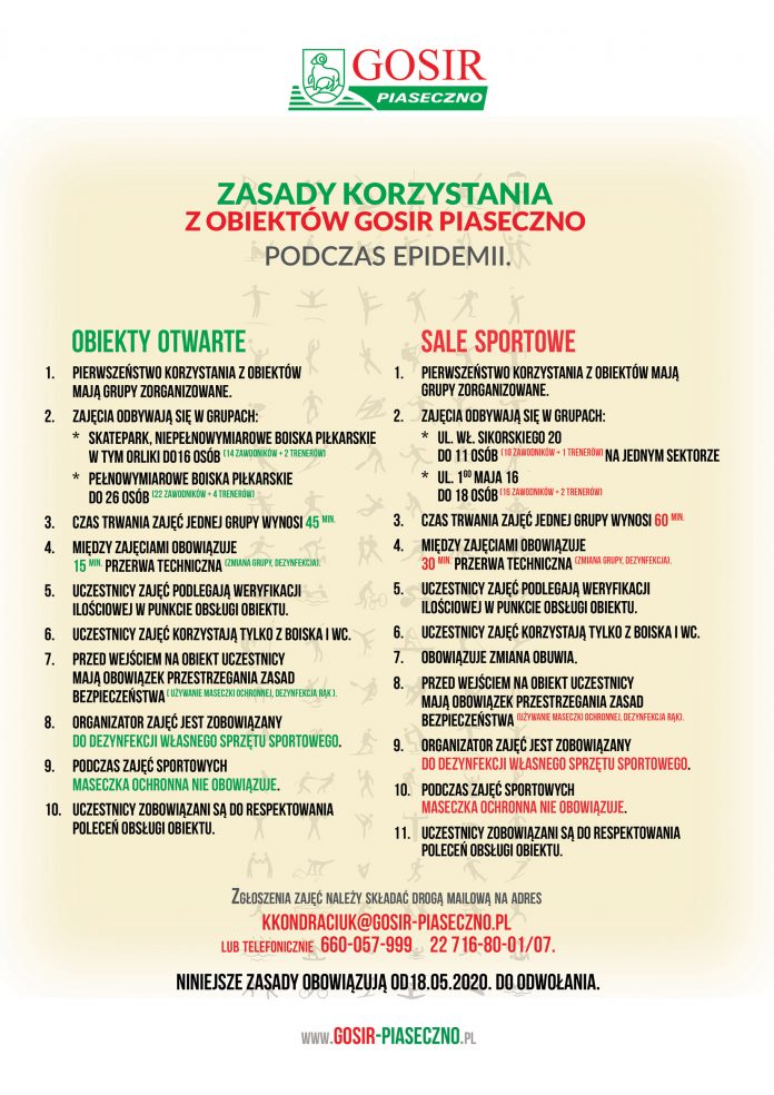 Zasady korzystania z obiektów GOSiR Piaseczno od 18 maja Nowe zasady korzystania z obiektów GOSiR Piaseczno od 18 maja 2020 r.