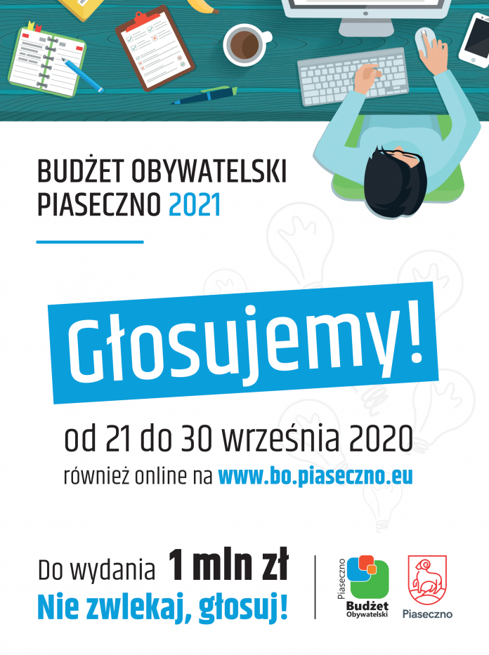 Plakat. Wyniki głosowaniaGłosujemy od 21 do 30 września 2020 roku - Budżet Obywatelski Piaseczno 2021 - do wydania 1 mln zł / nie zwlekaj, głosuj!