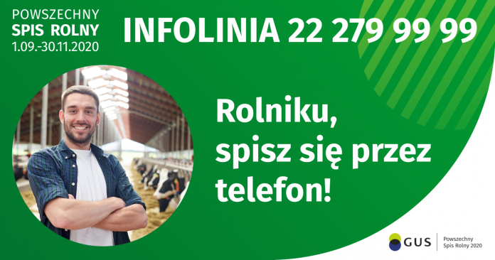 zielony baner z wizerunkiem młodego rolnika, białą czcionką napisano numer telefonu na infolinię.
