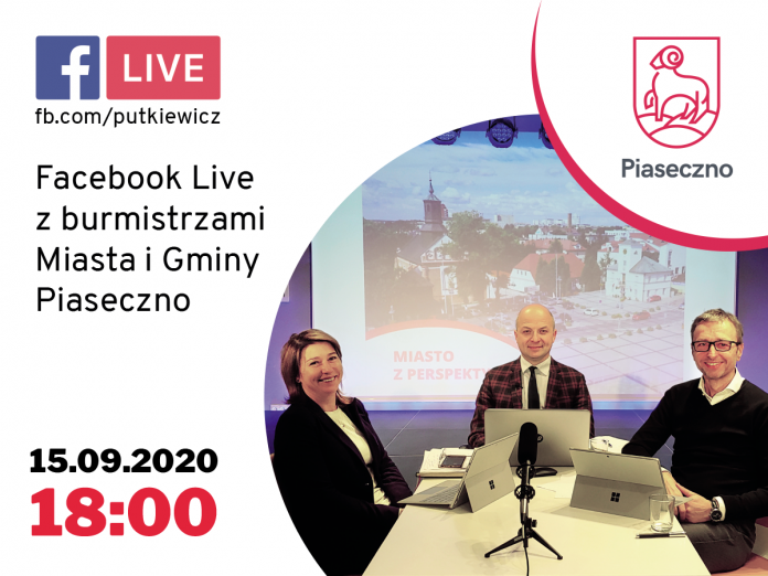 na zdjęciu znajdują się burmistrzowie Piaseczna oraz termin najbliższego live z burmistrzami czyli 15 września 2020 roku o godz. 18.00 - zapraszamy