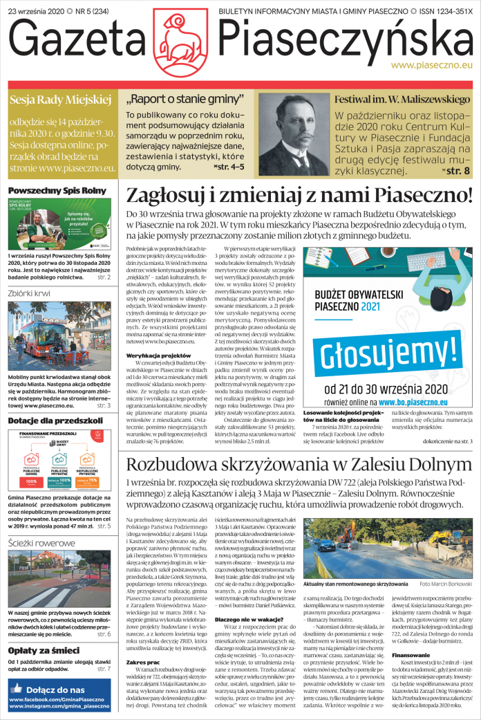 Gazeta Piaseczyńska nr 5/2020 Pierwsza strona Gazety Piaseczyńskiej nr 5/2020