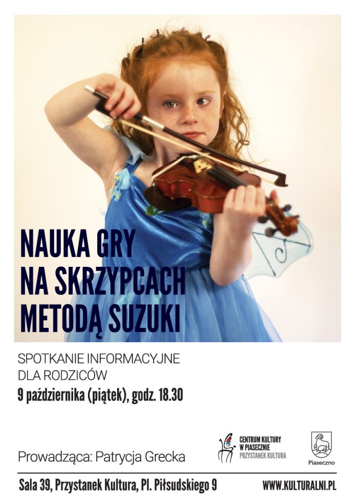 Plakat wydarzenia Nauka gry na skrzypcach metodą Suzuki - spotkanie informacyjne w Przystanku Kultura. Informacje znajdujące się na grafice są podane w treści wpisu.