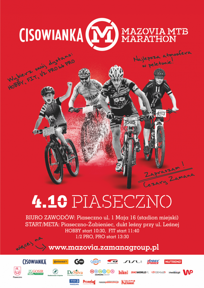 Plakat Piaseczno Cisowianka Mazovia MTB Marathon 2020. Informacje znajdujące się na grafice są podane w treści wpisu.