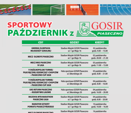 Plakat Sportowy październik 2020 r. z GOSiR Piaseczno. Na grafice wykaz wydarzeń sportowych zaplanowanych na październik 2020 roku.
