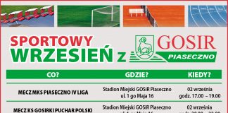 Na plakacie znajduje się wykaz wydarzeń sportowych organizowanych we wrześniu 2020 roku przez GOSiR Piaseczno