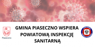 Na planszy widac logo gminy oraz logo Sanepidu na tle obrazka koronawirusa