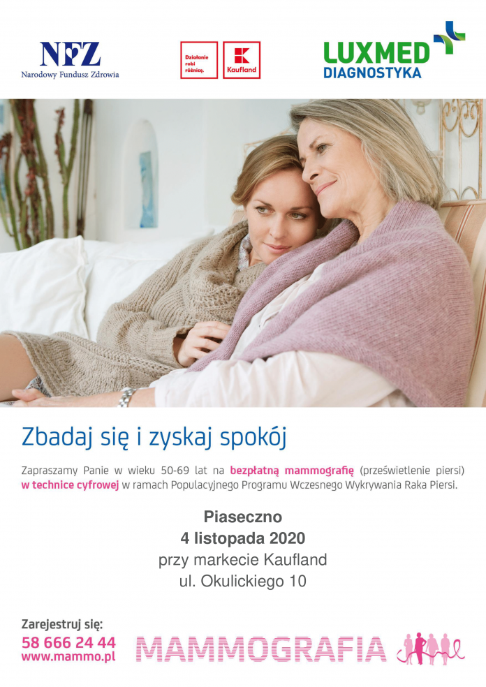 Ilustracja. Bezpłatne badania mammograficzne w Piasecznie w dniu 4 listopada 2020r. w godz. 9-18:10 na parkingu przy markecie Kaufland, ul. Okulickiego 10