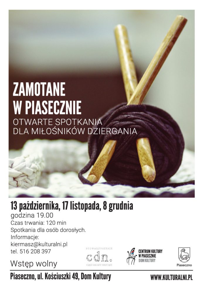 Ilustracja. Plakat do wydarzenia Pracownia Rękodzieła Zamotane w Piasecznie - otwarte spotkania dla miłośników dziergania