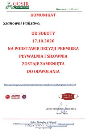 Skan pisma z komunikatem GOSiR. Basen oraz siłownia w GOSiR Piaseczno - zamknięte od 17 października