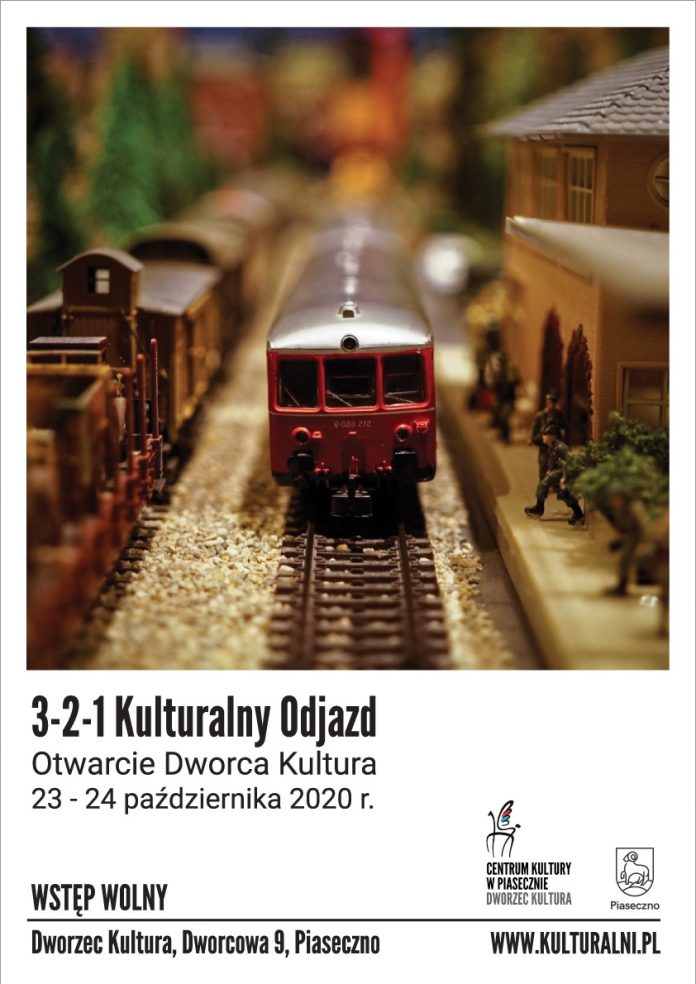 Ilustracja. Plakat wydarzenia Otwarcie Dworca Kultura w Piasecznie 3-2-1 Kulturalny Odjazd