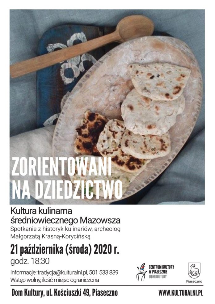 Ilustracja. Plakat wydarzenia ZORIENTOWANI NA DZIEDZICTWO - Kultura kulinarna średniowiecznego Mazowsza