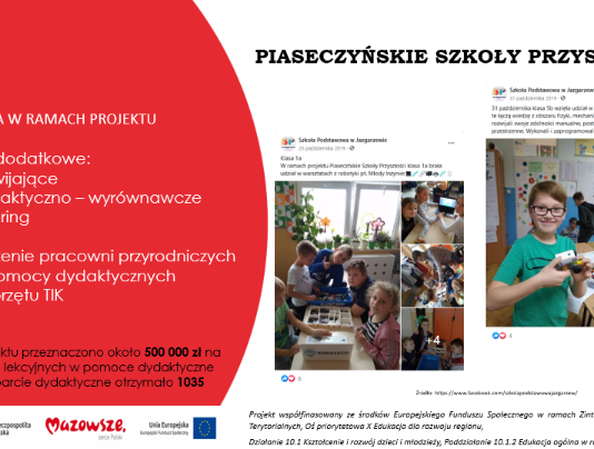 Ilustracja pokazująca realizację projektu "Piaseczyńskie szkoły przyszłości" dofinansowanego z UE