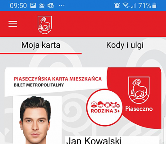 Mobilna wersja Piaseczyńskiej Karty Mieszkańca - ekran główny