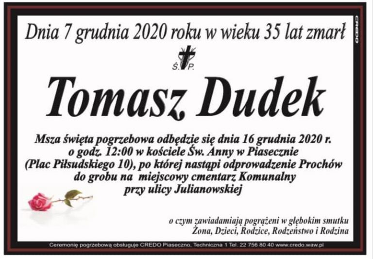 Pożegnanie Tomasza Dudka odbędzie się 16 grudnia o 12 w kościele św. Anny