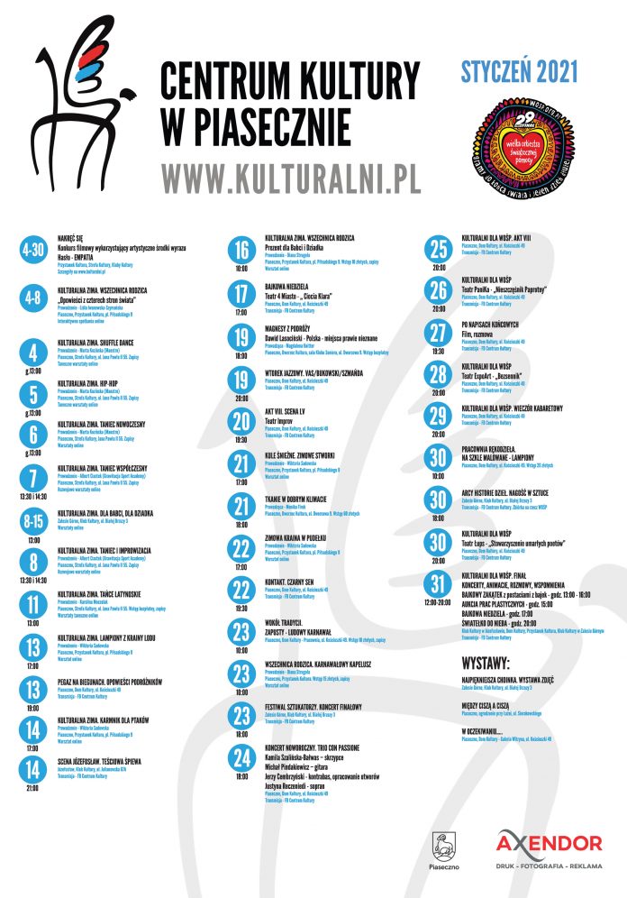 Plakat zbiorczy wydarzeń organizowanych przez Centrum Kultury w Piasecznie