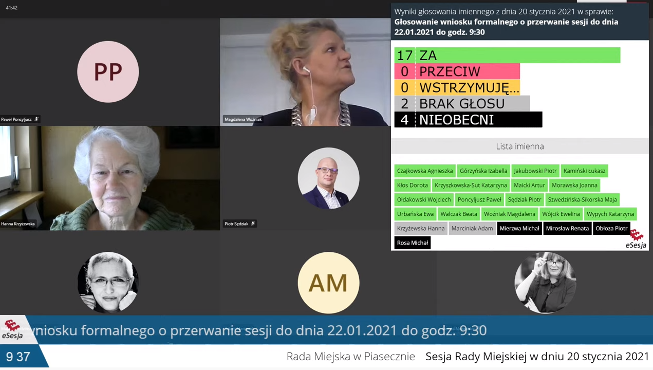 Zrzut ekranu sesji online. XXXIV sesja Rady Miejskiej w Piasecznie została przeniesiona z 20 na 22 stycznia 2021 roku