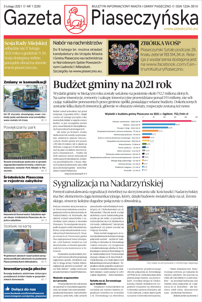 Ilustracja. Pierwsza strona Biuletynu Informacji Publicznej UMiG Piaseczno Gazeta Piaseczyńska nr 1/2021