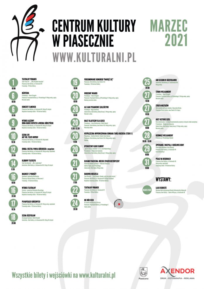 Plakat zbiorczy kulturalny marzec 2021 Centrum Kultury w Piasecznie