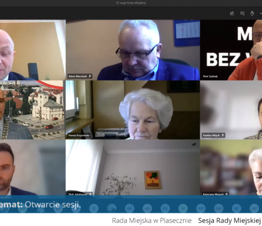 Zrzut ekranu XXXV sesji online Rady Miejskiej w Piasecznie