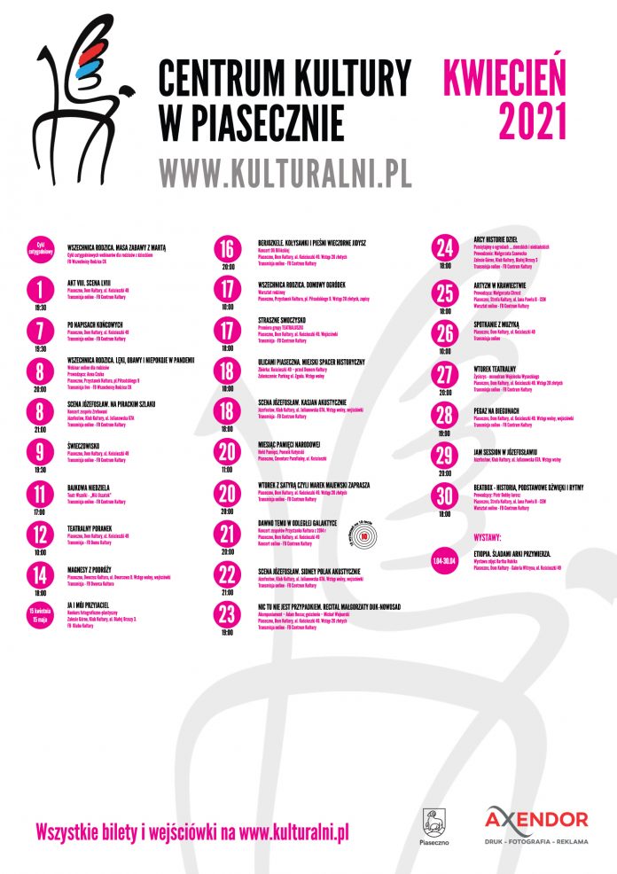 Plakat zbiorczy wydarzeń kulturalnych Centrum Kultury - kulturalny kwiecień 2021