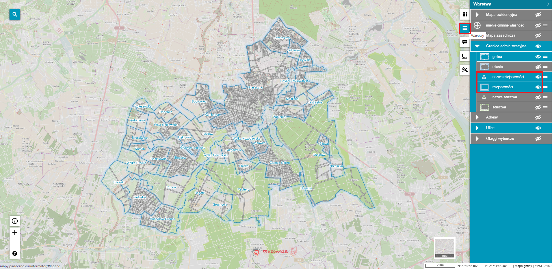 Zrzut ekranu mapy.piaseczno.eu/informator Mapa sołectw gminy Piaseczno z granicami administracyjnymi