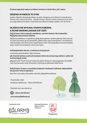 Co nam dają drzewa - ulotka Alarmu dla Klimatu Piaseczno
