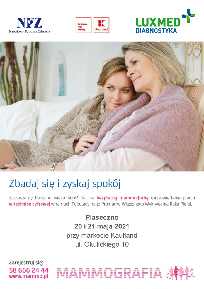 Plakat informacyjny Bezpłatna mammografia w mobilnej pracowni mammograficznej w Piasecznie