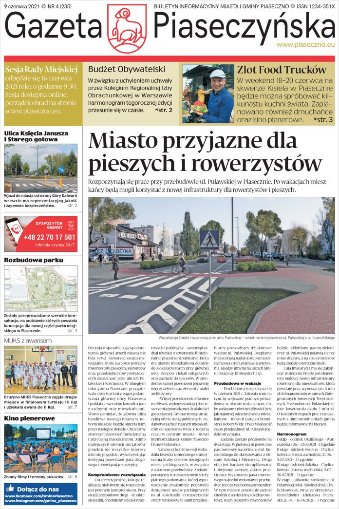 Gazeta Piaseczyńska nr 4/2021 Ilustracja. Pierwsza strona Gazety Piaseczyńskiej nr 4/2021