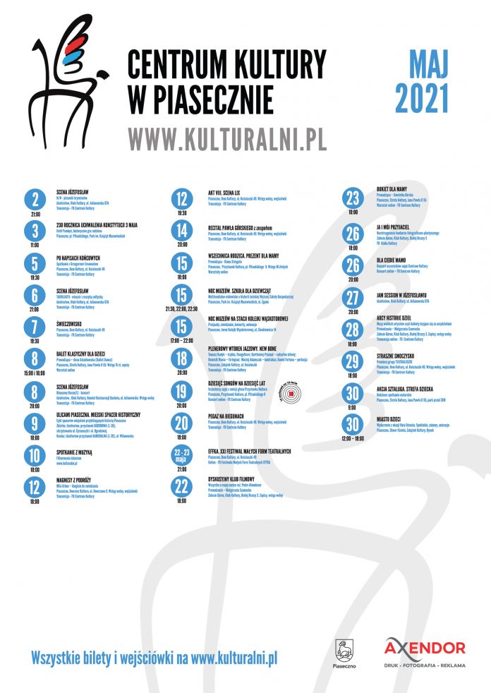 Plakat zbiorczy ze wszystkimi wydarzeniami kulturalnymi zaplanowanymi przez CK na maj 2021.