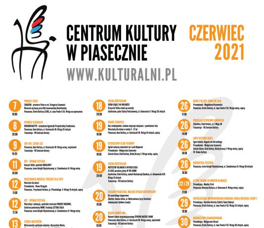 Plakat z listą wydarzeń Kulturalny czerwiec 2021 w Centrum Kultury