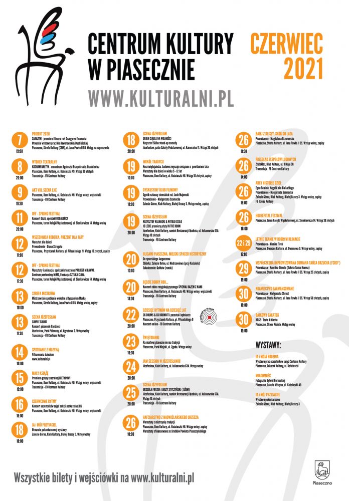 Plakat z listą wydarzeń Kulturalny czerwiec 2021 w Centrum Kultury