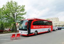 Zbiórka krwi w Piasecznie Ilustracja. Mobilny Punkt Poboru Krwi - krwiobus przed Urzędem Miasta i Gminy Piaseczno ul. Kościuszki 49 - maj 2021