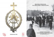 Okładka broszury pt. Kwatera strażacka na cmentarzu parafialnym. Pamięci strażaków Ochotniczej Straży Pożarnej w Piasecznie