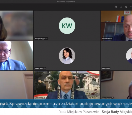 zrzut ekranu z XXXVIII sesji online Rady Miejskiej w Piasecznie