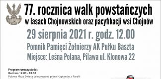 Plakat wydarzenia Uroczystość z okazji rocznicy walk powstańczych w Lasach Chojnowskich, pacyfikacji wsi Chojnów przez Niemców i rozstrzelania 23 mieszkańców Chojnowa – w tym 5 braci Czapskich