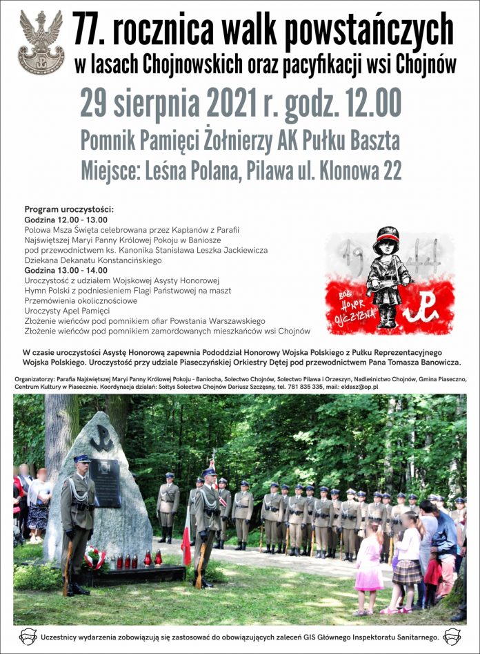 Plakat wydarzenia Uroczystość z okazji rocznicy walk powstańczych w Lasach Chojnowskich, pacyfikacji wsi Chojnów przez Niemców i rozstrzelania 23 mieszkańców Chojnowa – w tym 5 braci Czapskich