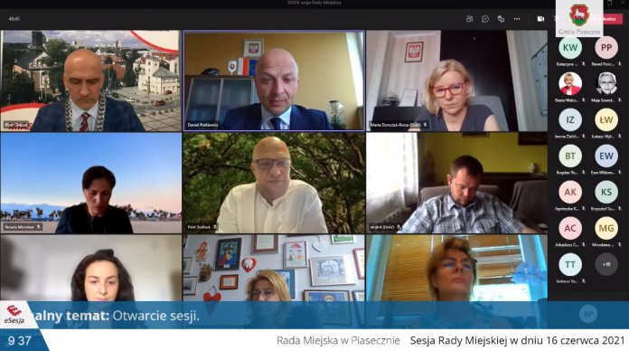 Zrzut ekranu XXXIX sesja online Rady Miejskiej w Piasecznie