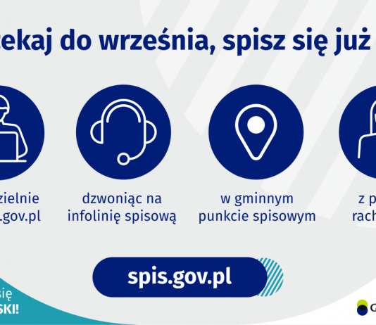 Nie czekaj do września, spisz się już teraz w Narodowym Spisie Powszechnym Ludności i Mieszkań. Na grafice jest napis: Nie czekaj do września, spisz się już teraz! Samodzielnie na spis.gov.pl, dzwoniąc na infolinię spisową, w gminnym punkcie spisowym, z pomocą rachmistrza. Na dole grafiki są cztery małe koła ze znakami dodawania, odejmowania, mnożenia i dzielenia, obok nich napis: Liczymy się dla Polski! Po środku jest adres strony internetowej: spis.gov.pl. W prawym dolnym rogu jest logotyp spisu: dwa nachodzące na siebie pionowo koła, GUS, pionowa kreska, Narodowy Spis Powszechny Ludności i Mieszkań 2021.