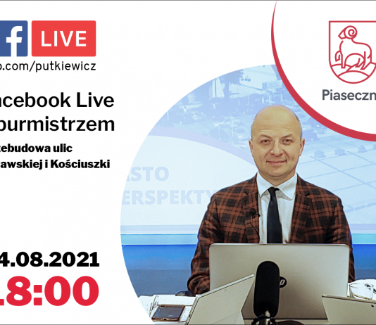 Tablica informująca o spotkaniu online z burmistrzem Danielem Putkiewiczem 04.08.2021 godzina 18:00