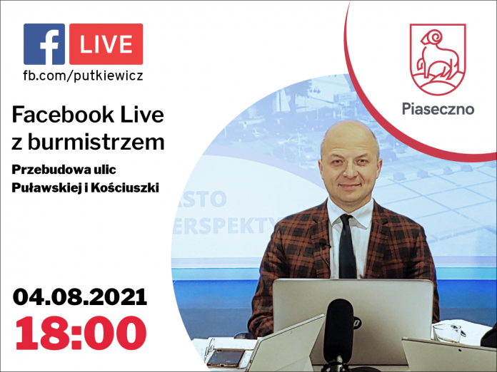 Tablica informująca o spotkaniu online z burmistrzem Danielem Putkiewiczem 04.08.2021 godzina 18:00