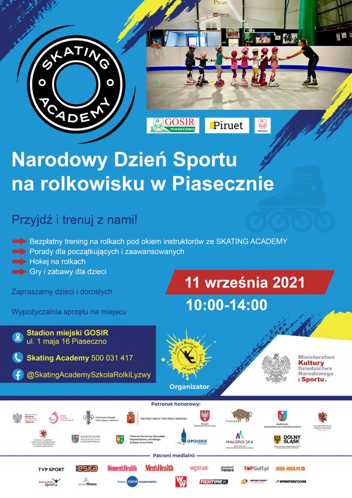 Plakat wydarzenia. Narodowy Dzień Sportu na rolkowisku w Piasecznie