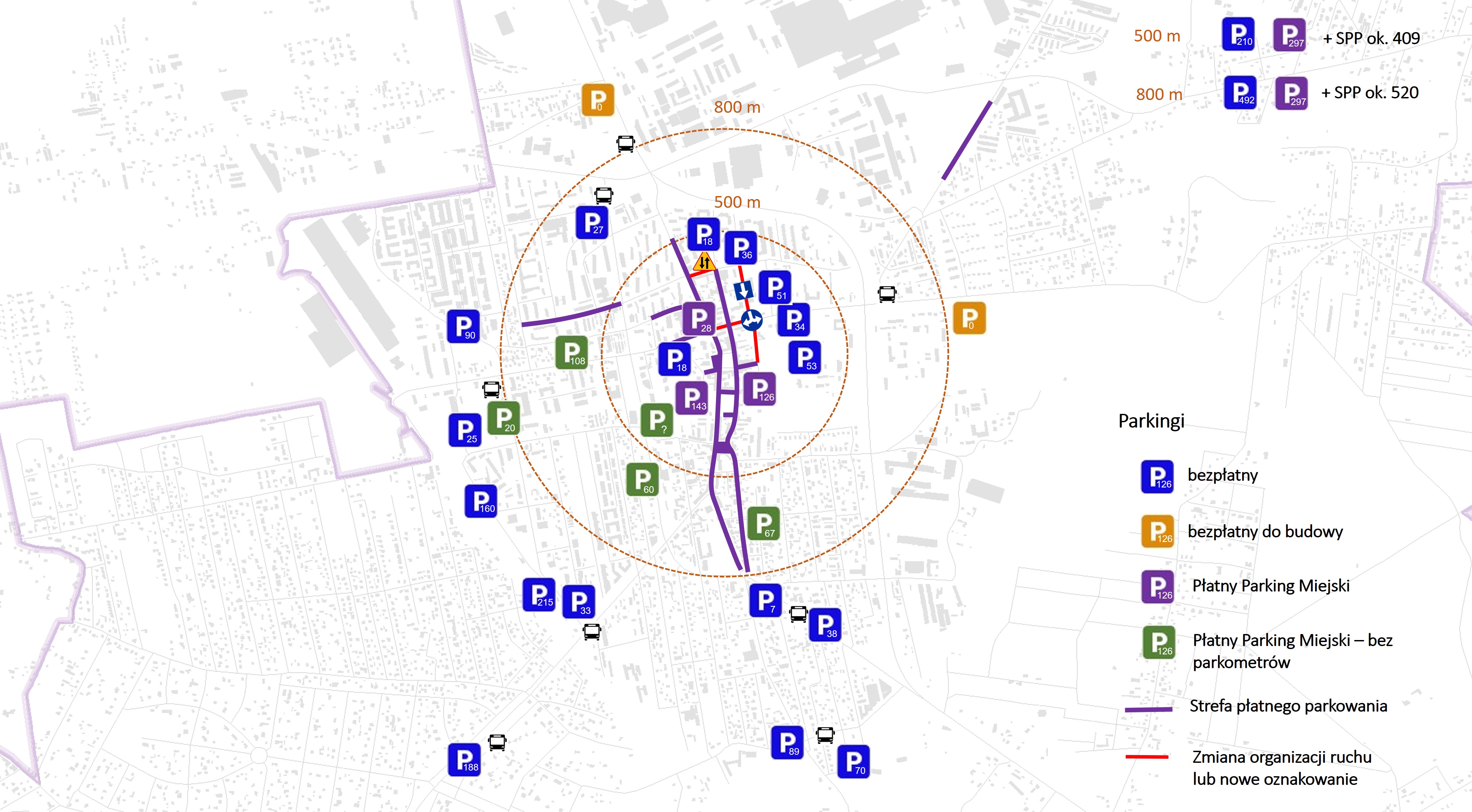 Rusza rozszerzona Strefa Płatnego Parkowania. Grafika prezentująca lokalizację parkingów wraz z liczbą dostępnych miejsc parkingowych.