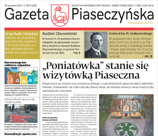Pierwsza strona biuletynu informacji Gazeta Piaseczyńska nr 5/2021