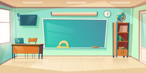 Ilustracja. Klasa lekcyjna w szkole. Empty classroom interior, school or college class with teacher table, laptop, green blackboard with protractor, clock hanging on wall and books cupboard, room for studying. Cartoon vector illustration